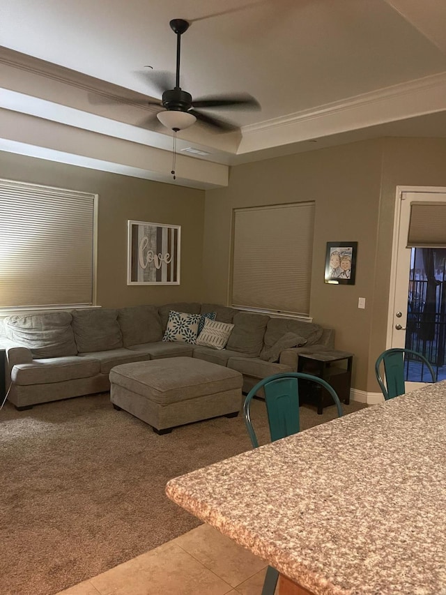 289 S Timberline Dr, Madera, CA 93637 - living area featuring ceiling fan, carpet floors, tile patterned floors, and crown molding