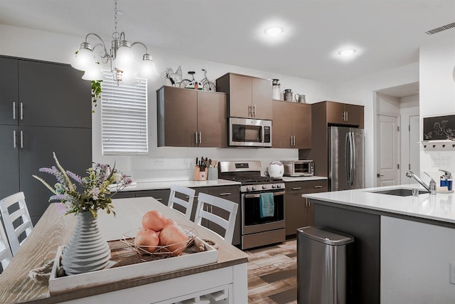 1935 Minarets Ln, Clovis, CA 93611 - kitchen with visible vents, a sink, stainless steel appliances, light countertops, and light wood-style floors