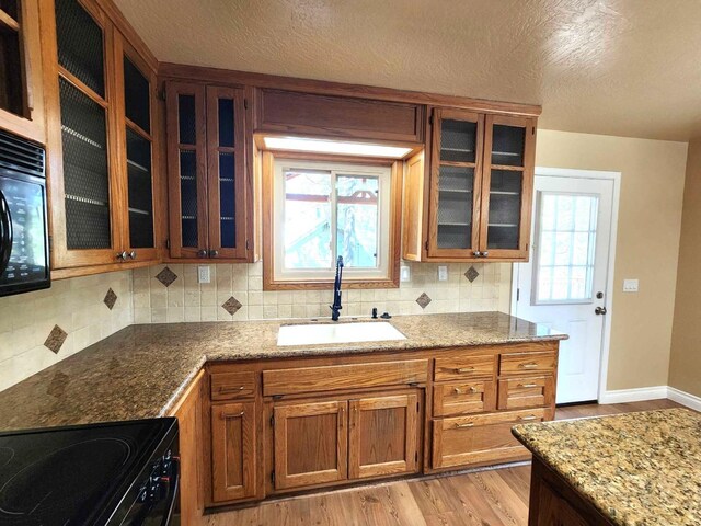 kitchen with light wood-style flooring, a sink, black appliances, and brown cabinets
