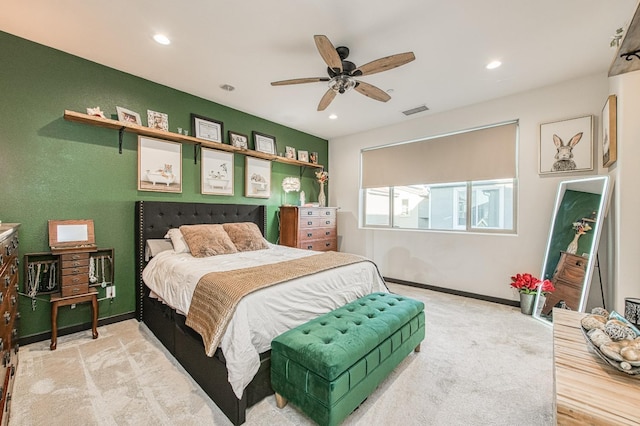 carpeted bedroom with visible vents, baseboards, ceiling fan, and recessed lighting