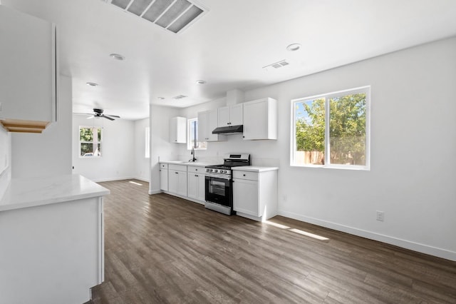 kitchen featuring stainless steel gas range oven, visible vents, under cabinet range hood, and dark wood-style flooring