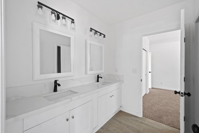bathroom with double vanity, wood finished floors, baseboards, and a sink