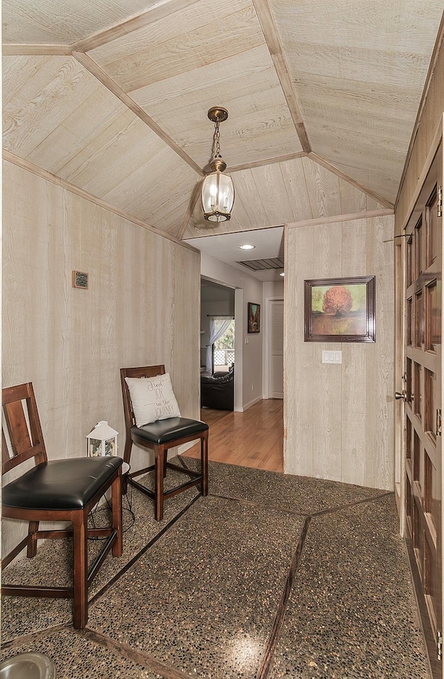 41371 Butte Way, Madera, CA 93636 - sitting room featuring wood walls, lofted ceiling, wooden ceiling, and wood finished floors