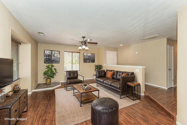 41371 Butte Way, Madera, CA 93636 - living area featuring wood finished floors, a textured ceiling, and a ceiling fan
