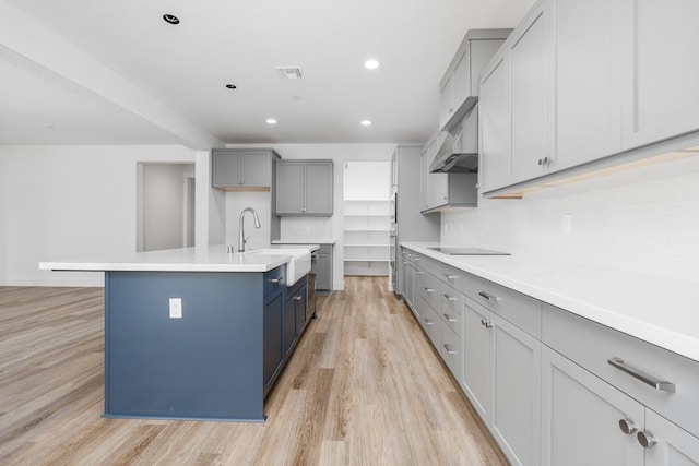 kitchen featuring black electric stovetop, light wood-style flooring, under cabinet range hood, and gray cabinetry