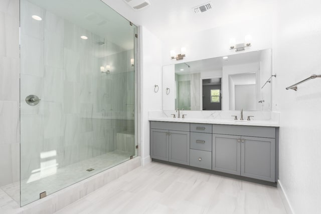 full bathroom with a shower stall, baseboards, a sink, and visible vents