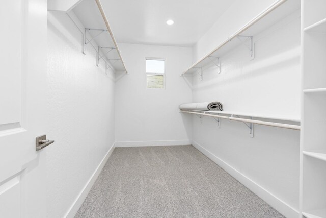 walk in closet with light colored carpet