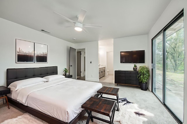 42741 Revis Way, Coarsegold, CA 93614 - bedroom featuring access to exterior, light colored carpet, a ceiling fan, and connected bathroom