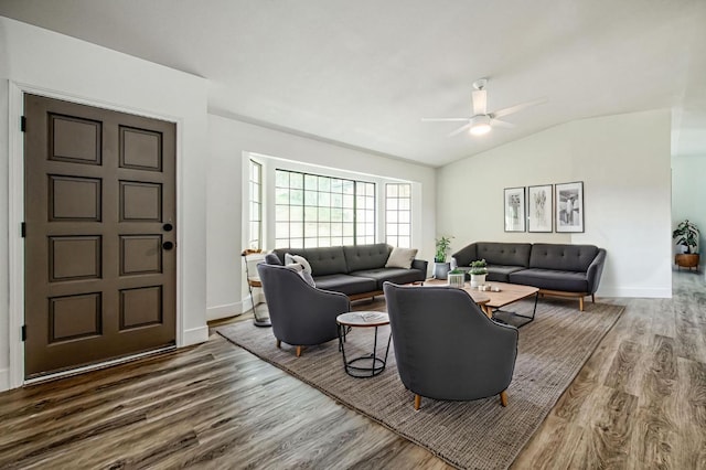 42741 Revis Way, Coarsegold, CA 93614 - living area with wood finished floors, a ceiling fan, and lofted ceiling