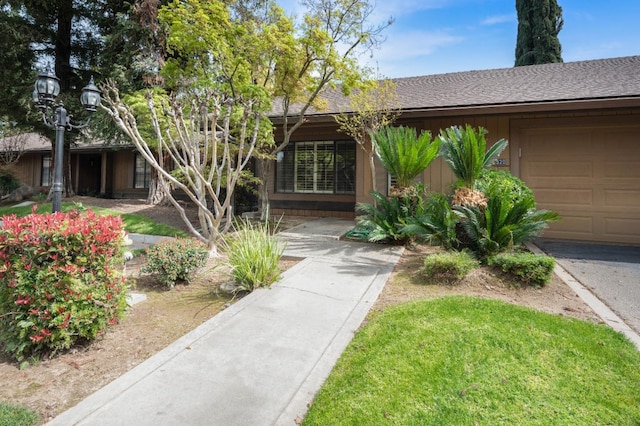 property entrance with roof with shingles and an attached garage
