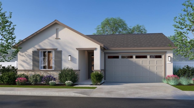 1945 N Carriage Ave, Fresno, CA 93727 - view of front of property featuring an attached garage, concrete driveway, stone siding, and stucco siding
