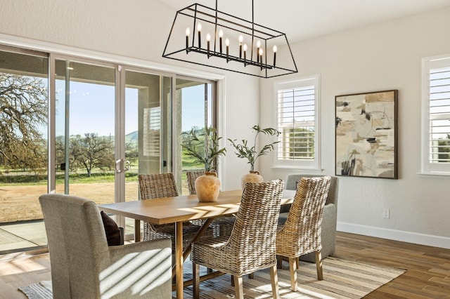 dining room with wood finished floors, baseboards, and a chandelier