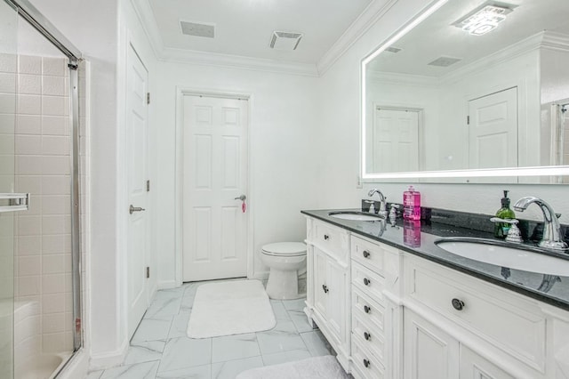 full bath featuring marble finish floor, tiled shower, ornamental molding, and a sink