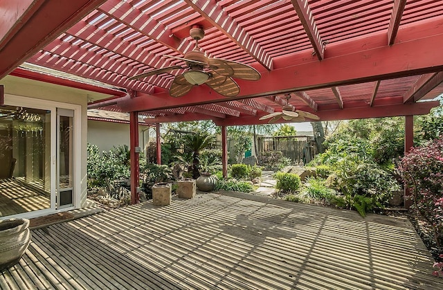 view of patio / terrace with a pergola, fence, and a ceiling fan