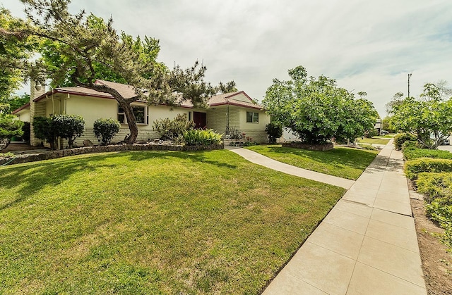 single story home featuring stucco siding and a front yard
