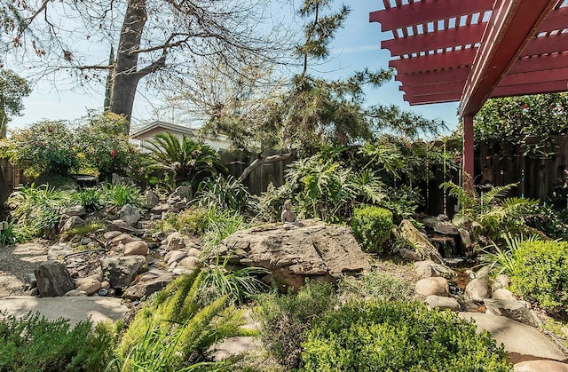 view of yard with a fenced backyard and a pergola