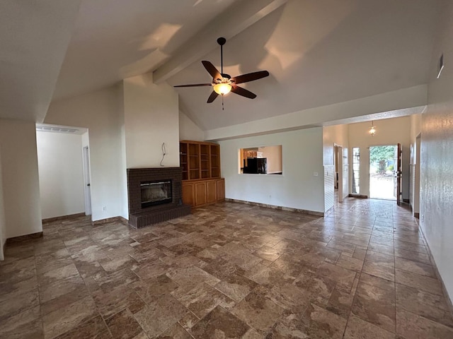 18149 Varden Dr, Madera, CA 93638 - unfurnished living room featuring a brick fireplace, high vaulted ceiling, baseboards, beamed ceiling, and a ceiling fan