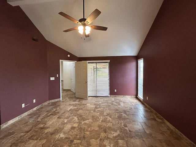 18149 Varden Dr, Madera, CA 93638 - spare room featuring visible vents, high vaulted ceiling, ceiling fan, and stone finish flooring