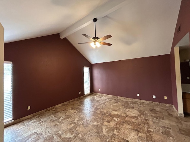 18149 Varden Dr, Madera, CA 93638 - bonus room with stone finish floor, baseboards, lofted ceiling with beams, and a ceiling fan