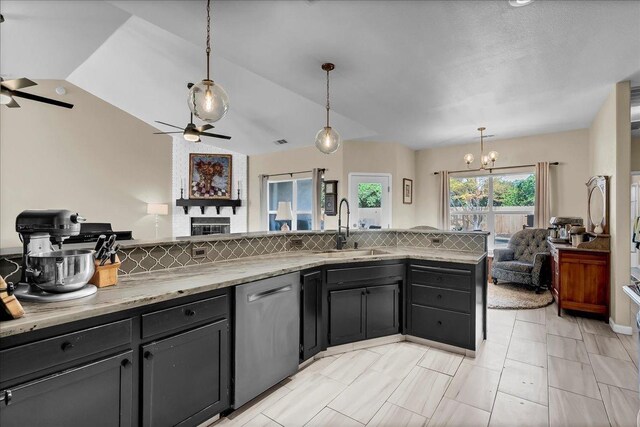 355 Old Line Ave, Exeter, CA 93221 - kitchen featuring open floor plan, ceiling fan with notable chandelier, stainless steel dishwasher, and a sink