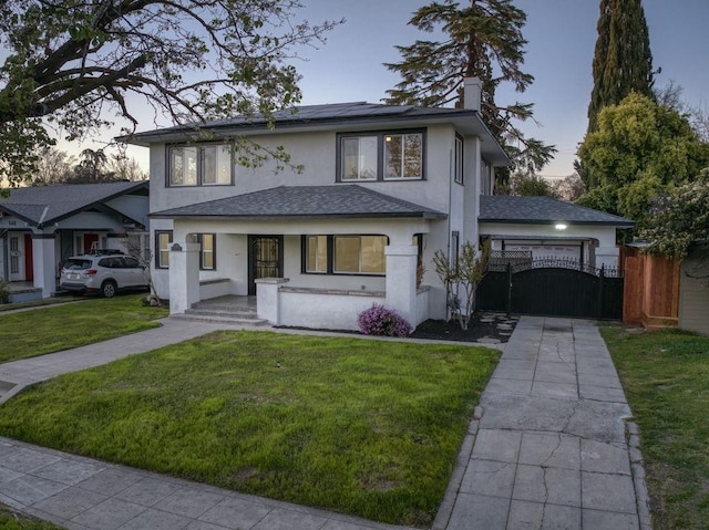 655 E Normal Ave, Fresno, CA 93704 - view of front facade with stucco siding, solar panels, a gate, driveway, and a chimney