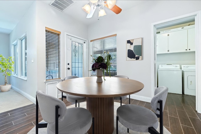 1110 Minarets Ave, Clovis, CA 93611 - dining area with independent washer and dryer, wood finish floors, ceiling fan, and baseboards