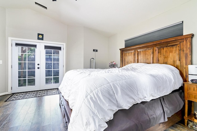 bedroom with lofted ceiling, access to outside, french doors, and wood-type flooring