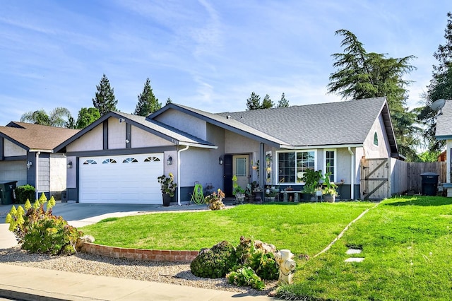 ranch-style home with a garage, a front yard, stucco siding, roof with shingles, and driveway