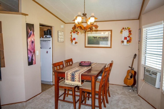 dining space featuring a notable chandelier, baseboards, ornamental molding, carpet flooring, and cooling unit