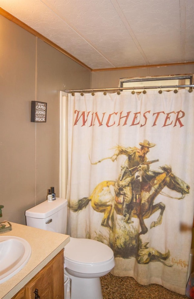 bathroom featuring toilet, a shower with shower curtain, and vanity