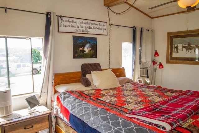 bedroom with ornamental molding, access to exterior, cooling unit, and vaulted ceiling