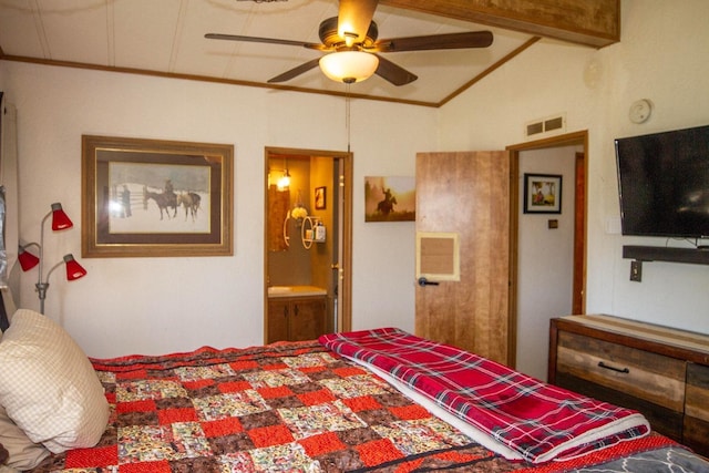 bedroom featuring visible vents, ceiling fan, and lofted ceiling
