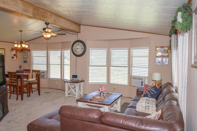 living area featuring cooling unit, ceiling fan with notable chandelier, vaulted ceiling with beams, and carpet