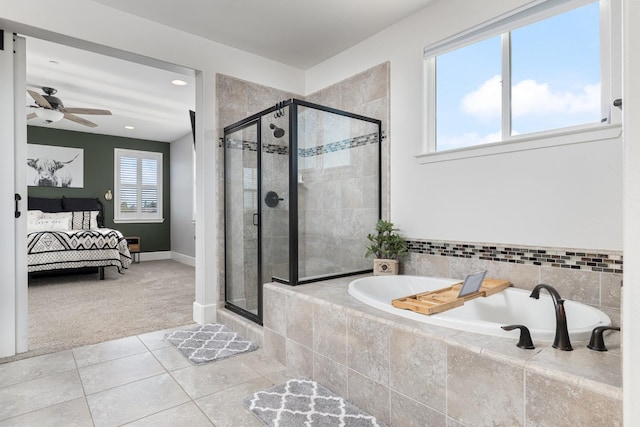 3887 N Condor Ct, Sanger, CA 93657 - ensuite bathroom featuring a bath, a shower stall, tile patterned flooring, and ceiling fan