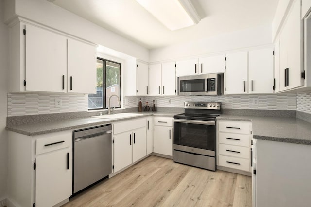 kitchen with white cabinetry, stainless steel appliances, decorative backsplash, a sink, and light wood finished floors