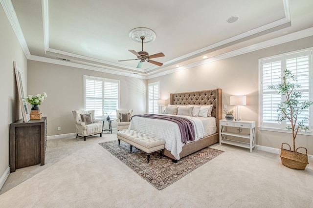 1643 E Shadow Glen Dr, Fresno, CA 93730 - bedroom featuring visible vents, light colored carpet, ornamental molding, and a raised ceiling