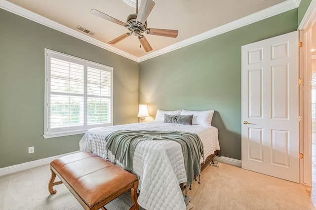 1643 E Shadow Glen Dr, Fresno, CA 93730 - bedroom with visible vents, crown molding, light carpet, baseboards, and a ceiling fan