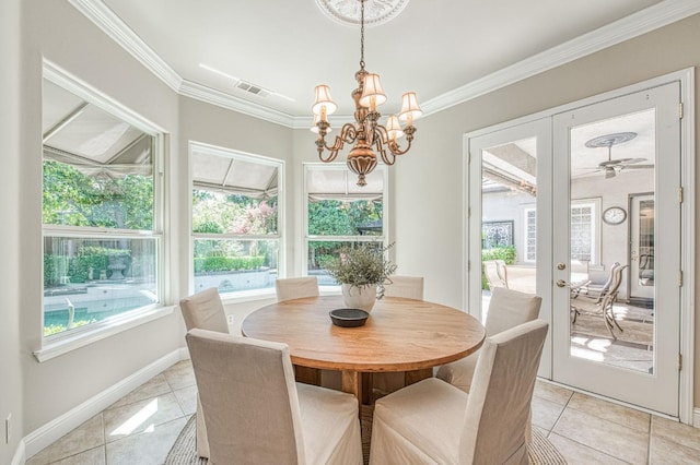 1643 E Shadow Glen Dr, Fresno, CA 93730 - dining room with light tile patterned floors, visible vents, ornamental molding, and french doors