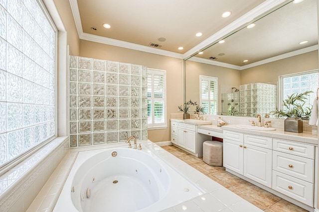 1643 E Shadow Glen Dr, Fresno, CA 93730 - bathroom featuring visible vents, crown molding, a shower stall, vanity, and a whirlpool tub