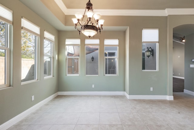 11 W Serena Ave, Clovis, CA 93619 - empty room featuring crown molding, light tile patterned flooring, a chandelier, baseboards, and a ceiling fan