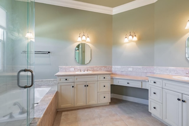 11 W Serena Ave, Clovis, CA 93619 - full bath featuring ornamental molding, tile patterned flooring, a shower stall, two vanities, and a bath
