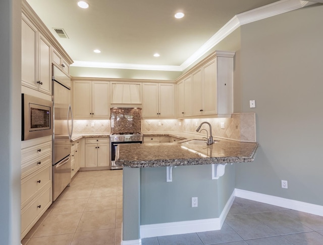 11 W Serena Ave, Clovis, CA 93619 - kitchen with built in appliances, a sink, custom exhaust hood, a peninsula, and stone counters