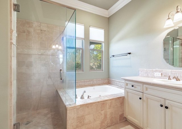11 W Serena Ave, Clovis, CA 93619 - bathroom featuring a bath, crown molding, a shower stall, vanity, and tile patterned floors