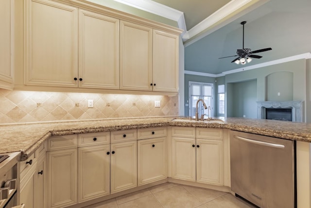 11 W Serena Ave, Clovis, CA 93619 - kitchen featuring stainless steel dishwasher, cream cabinetry, a sink, ornamental molding, and a ceiling fan