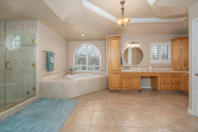 full bath with vanity, a stall shower, tile patterned flooring, and a garden tub