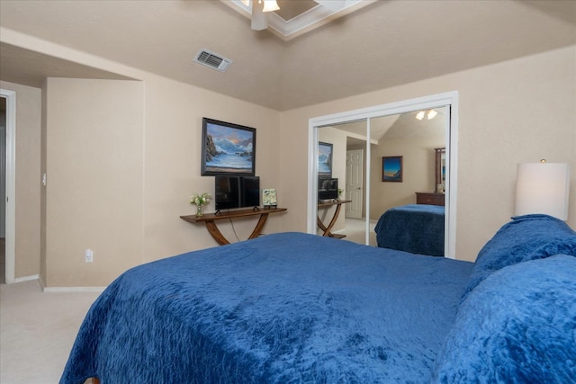 bedroom featuring baseboards, carpet, a ceiling fan, and visible vents