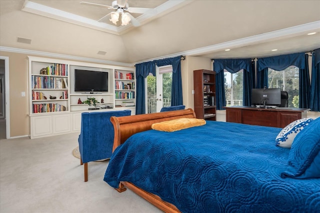 bedroom with carpet floors, ornamental molding, visible vents, access to exterior, and a ceiling fan