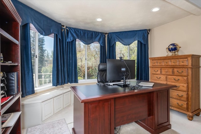 office with recessed lighting and a wealth of natural light