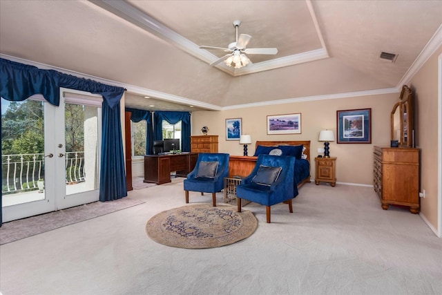 bedroom with visible vents, light colored carpet, access to exterior, and a raised ceiling