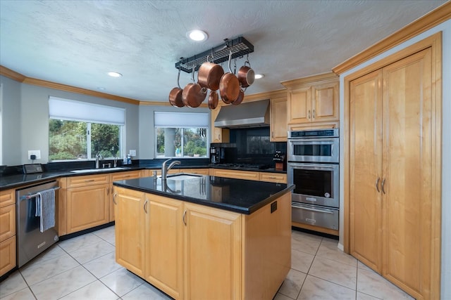 kitchen with wall chimney range hood, appliances with stainless steel finishes, a sink, and a warming drawer